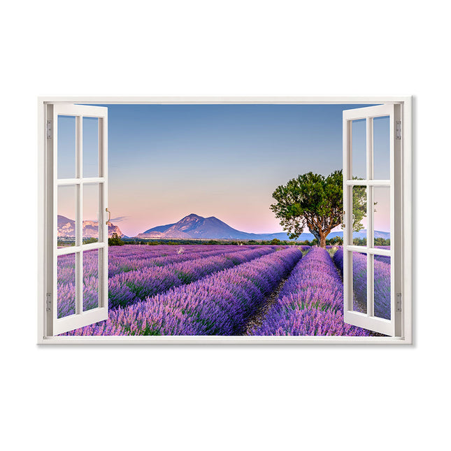 Leinwandbild Fensterblick "Lavendelfeld"