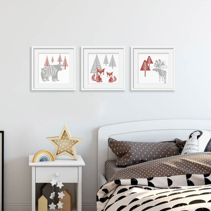 Posterset bestehend aus 3 inspirierte skandinavische Motive eines Bären, Füchse und einem Reh.