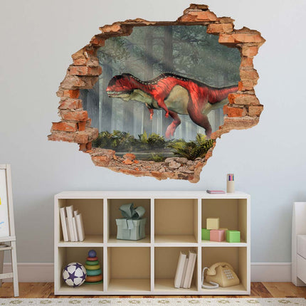Wandaufkleber Wandtattoo in Form eines Wanddurchbruchs  mit einem Dinosaurier Rajasaurus als Hauptbild im Kinderzimmer über dem Spielzeugregal