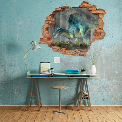 Wandaufkleber Wandtattoo in Form eines Wanddurchbruchs  mit einem Dinosaurier Spinosaurus als Hauptbild über dem Schreibtisch an der blauen Wand