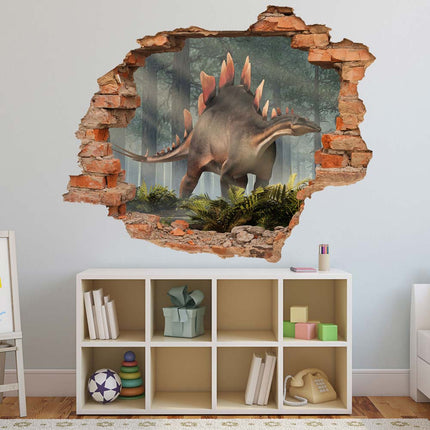 Wandaufkleber Wandtattoo in Form eines Wanddurchbruchs  mit einem Dinosaurier Stegosaurus als Hauptbild im Kinderzimmer über dem Spielzeugregal