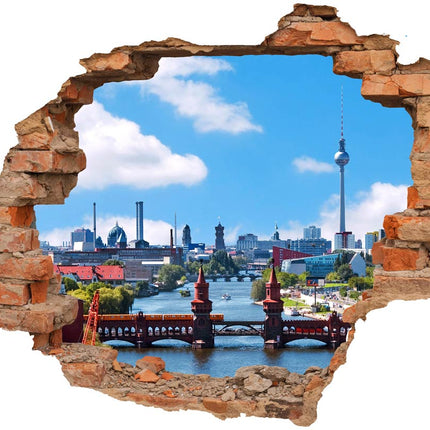 Wandaufkleber Wandtattoo in Form eines Wanddurchbruchs von der Berliner Skyline mit Fernsehturm und Oberbaumbrücke als Hauptbild