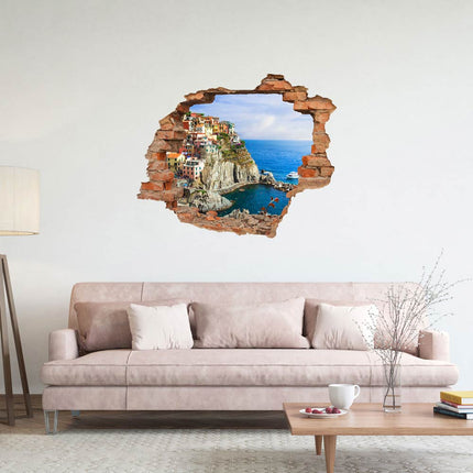 Wandaufkleber Wandtattoo in Form eines Wanddurchbruchs  mit Sicht auf die Bucht von Cinque Terre als Hauptbild im Wohnzimmer über dem Sofa