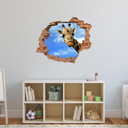Wandaufkleber Wandtattoo in Form eines Wanddurchbruchs  mit Giraffe als Hauptbild im Kinderzimmer über einem kleinen Spielzeugregal