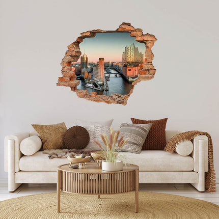 Wandaufkleber Wandtattoo in Form eines Wanddurchbruchs  vom Hamburger Hafen als Hauptbild im Wohnzimmer über dem Sofa