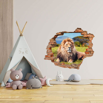 Wandaufkleber Wandtattoo in Form eines Wanddurchbruchs  von einem Löwen als Hauptbild im Kinderzimmer