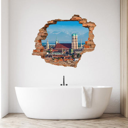 Wandaufkleber Wandtattoo in Form eines Wanddurchbruchs  von München als Hauptbild im Badezimmer über der Badewanne