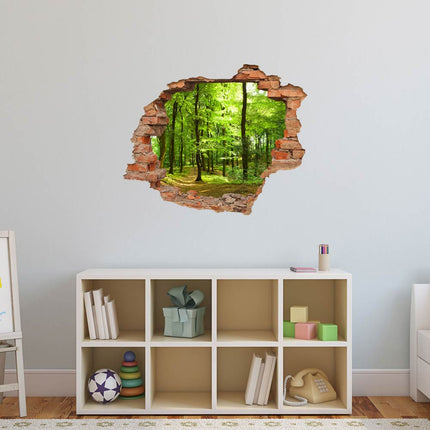 Wandaufkleber Wandtattoo in Form eines Wanddurchbruchs  vom grünen Wald als Hauptbild im Kinderzimmer über dem Spielzeugregal