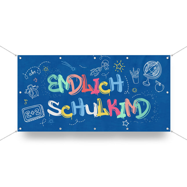 Einschulungsbanner in Blau mit Text Endlich Schulking und tollen Kreideelementen