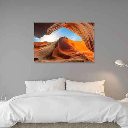 Leinwand Wandbild mit traumhaftem Ausblick auf die Antilopen Schlucht und blauem Himmel im Schlafzimmer über dem Bett.
