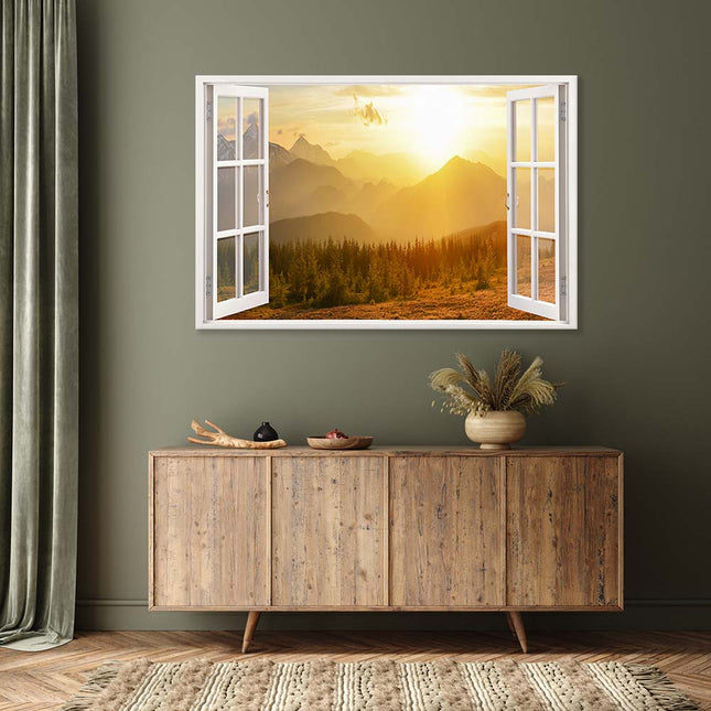 Leinwandbild Fensterblick "Berge und Sonnenaufgang"