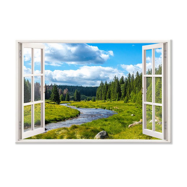Leinwandbild Fensterblick "Berge und Fluss"
