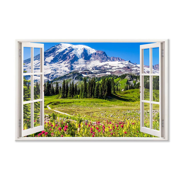 Leinwandbild Fensterblick "Berge und Wildblumen"