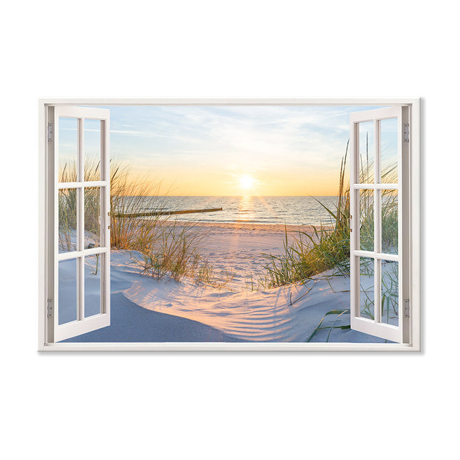Leinwandbild Fensterblick "Dünen und Meer"