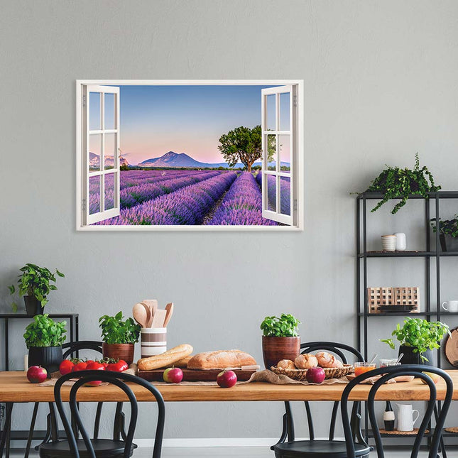 Leinwandbild Fensterblick "Lavendelfeld"