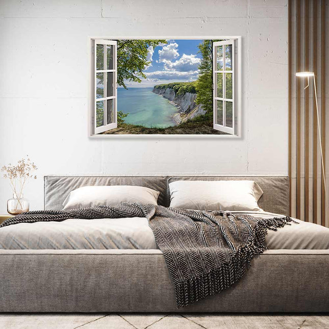 Leinwandbild Fensterblick "Meer und Bucht"