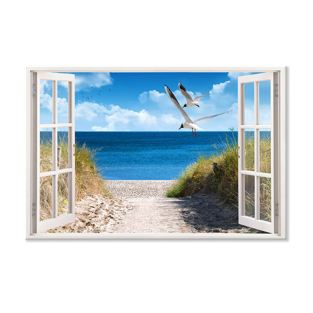 Leinwandbild Fensterblick "Strand mit Möwen"