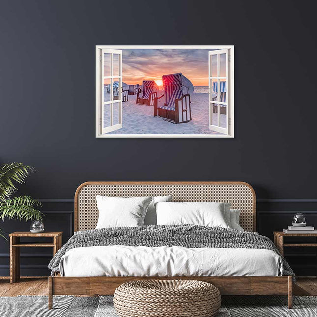 Leinwandbild_Canvasrahmen_Strandkörbe_im_Sonnenuntergang_im_SChlafzimmer_mit_Rattanbette