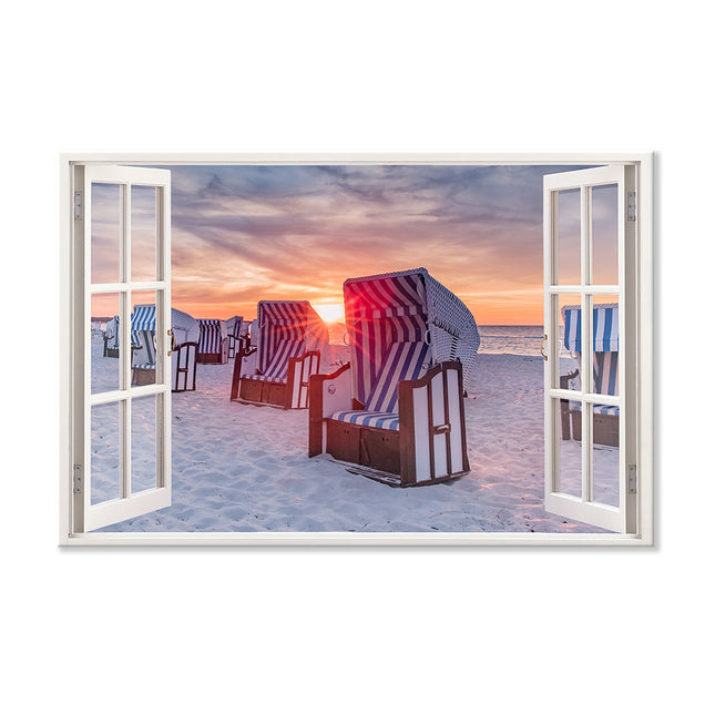 Leinwandbild Fensterblick "Strandkörbe im Sonnenuntergang"
