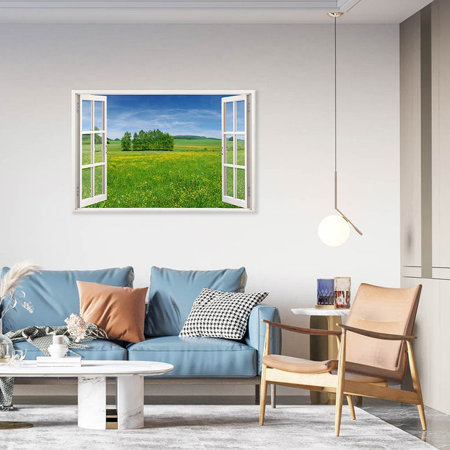 Leinwandbild_Fensterblick_Wiese_im_Wohnzimmer_blaues_Sofa