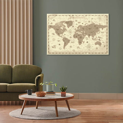 HIngucker für Wohnzimmerwände, tolle Leinwand mit antikem Weltkarten Motiv als Leinwandbild neben einer grünen Couch.