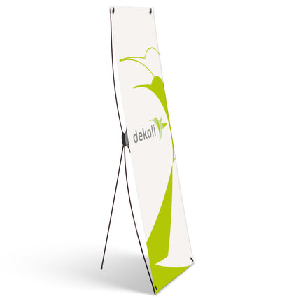 Dekoli Easy-X Bannerständer mit grünem Design, stabilisiert durch ein X-förmiges Gestell, praktisch für schnelle Werbeanwendungen.  ideal für Veranstaltungen und Ausstellungen.