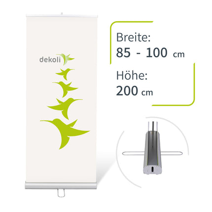 dekolli Marken-Roll-Up Banner in Weiß mit grünen Vogel-Logos, Breite 85-100 cm und Höhe 200 cm, inklusive einer Ansicht der stabilen Standfüße, ideal für Werbung und Events.