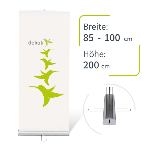 dekolli Marken-Roll-Up Banner in Weiß mit grünen Vogel-Logos, Breite 85-100 cm und Höhe 200 cm, inklusive einer Ansicht der stabilen Standfüße, ideal für Werbung und Events.