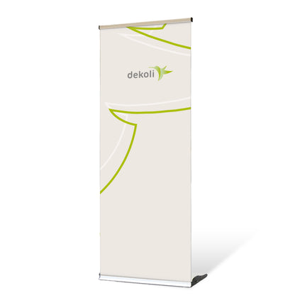 Roll-Up Banner "Slim" Beispiel mit grün-weißem Design und Firmenlogo.  Wir drucken ihr Wunschmotiv nach Ihrer Vorlage in CMYK Farbmodus.
