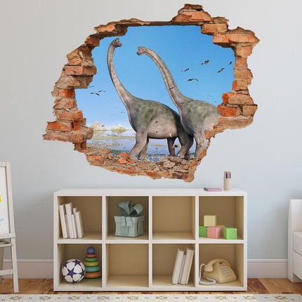Wandaufkleber Wandtattoo in Form eines Wanddurchbruchs von zwei Dinosauriern Brachiosaurus als Hauptbild im Spielzimmer 