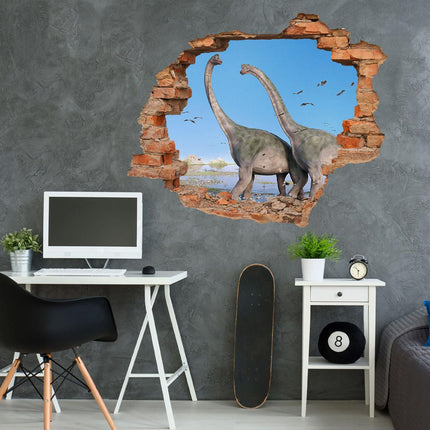 Wandaufkleber Wandtattoo in Form eines Wanddurchbruchs von zwei Dinosauriern Brachiosaurus als Hauptbild im coolen Jugendzimmer