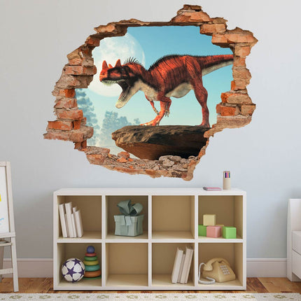Wandaufkleber Wandtattoo in Form eines Wanddurchbruchs von einem Dinosaurier Ceratosaurus als Hauptbild im Kinderzimmer über einem Spielzeugregal