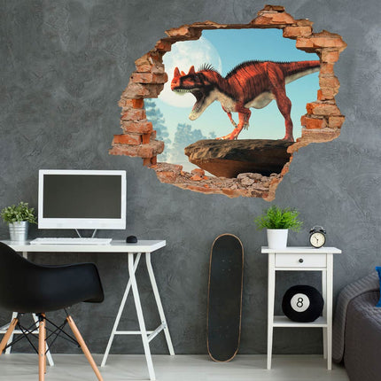 Wandaufkleber Wandtattoo in Form eines Wanddurchbruchs von einem Dinosaurier Ceratosaurus als Hauptbild im modernen Jugendzimmer