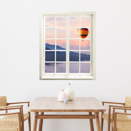 Wandtattoo bedruckt mit Fensterrahmen und tollem Naturbild mit Heißluftballon in Richtung Berge