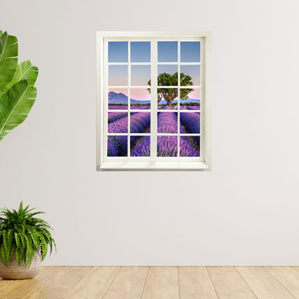 Wandaufkleber Fensterblick "Lavendelfeld" neben Pflanzen in hellem Raum