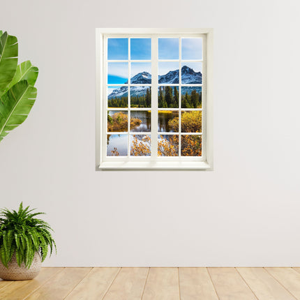 Wandtattoo bedruckt mit Fensterrahmen und tollem Naturbild von Bergsee und schneebedeckten Bergen