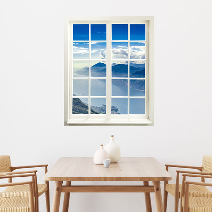 Gedrucktes Foto für Wände und Möbel, mit einem Sprossenfenstermotiv und weitem Blick auf ein Bergpanorama