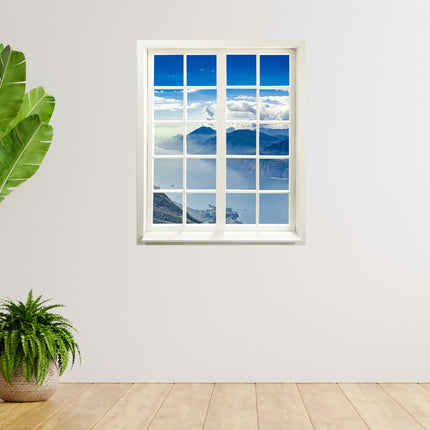 Hingucker für dunkle Räume ohne Fenster, selbstklebendes Wandtattoo als gedruckter Fensterrahmen mit tollem Ausblick auf ein Bergpanorama im Nebel