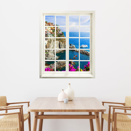 Wandaufkleber Wandtattoo in Form eines geschlossenen Fensters mit Blick auf die Bucht von Cinque Terre über dem Esstisch