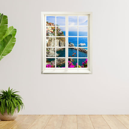 Wandaufkleber Wandtattoo in Form eines geschlossenen Fensters mit Blick auf die Bucht von Cinque Terre. Hingucker für dunkle Räume ohne Fenster, selbstklebendes Wandtattoo als gedruckter Fensterrahmen mit tollem Ausblick auf ein buntes Dorf.