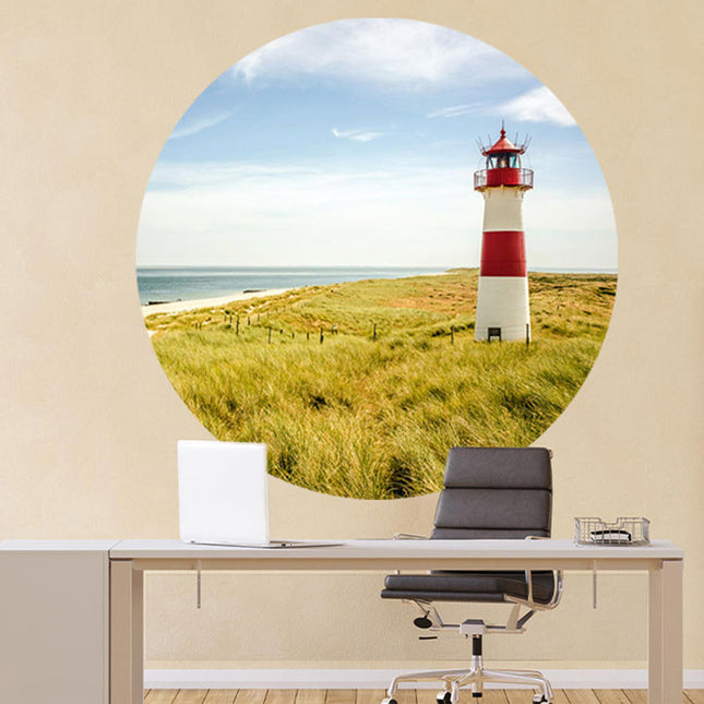 Wandaufkleber rund "Leuchtturm" groß hinter Schreibtisch