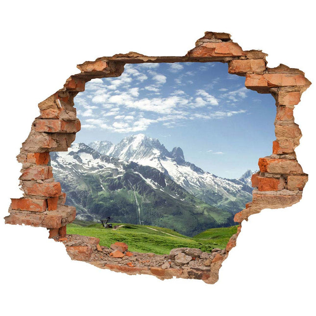 Wandaufkleber Wandtattoo in Form eines Wanddurchbruchs mit Blick auf die Berge