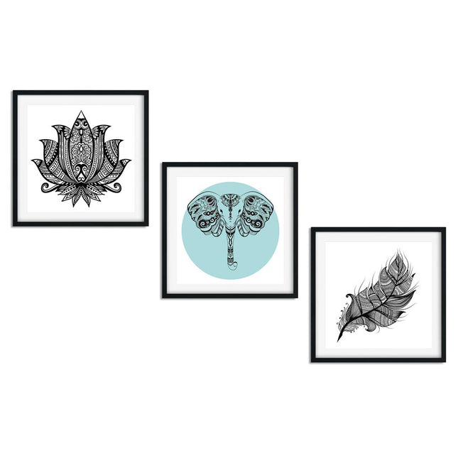 Posterset bestehend aus 3 modernen Mandala-Designs mit Elefant, Lotusblüte und Feder für ein spirituelles Wohngefühl.