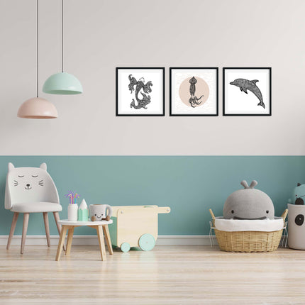 Posterset bestehend aus 3 Mandala Motiven zum Thema Unterwasserwelt von einem Koi, Tintenfisch und Delfin.