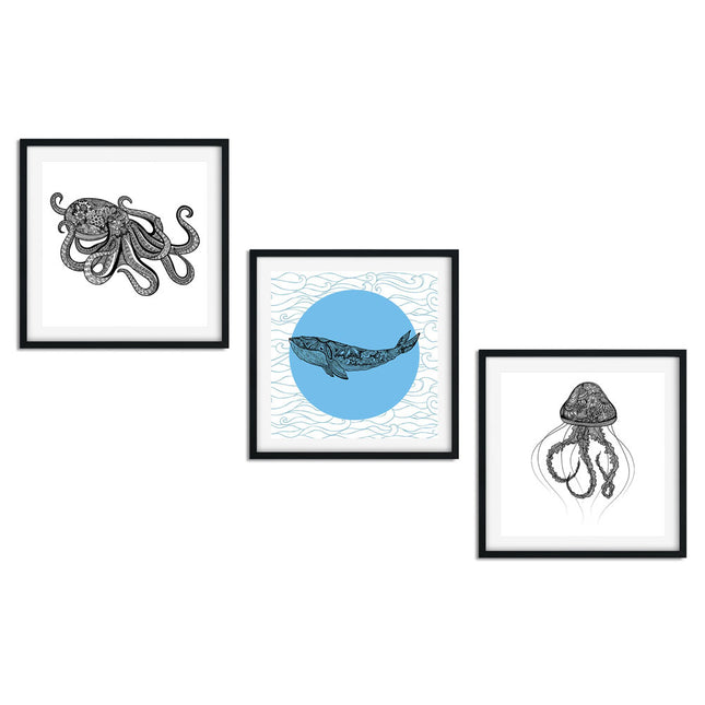 Posterset bestehend aus 3 Motiven von der Unterwasserwelt. Modernen Motive im Mandala-Stil mit Wal, Krake und Qualle.