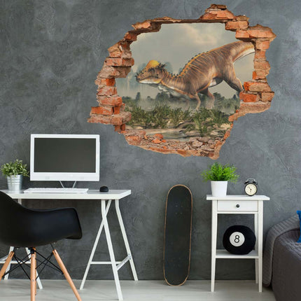Wandaufkleber Wandtattoo in Form eines Wanddurchbruchs  von einem Dinosaurier Pachycephalosaurus als Hauptbild im modernen Jugendzimmer