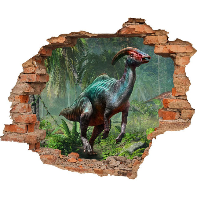 Wandaufkleber Wandtattoo in Form eines Wanddurchbruchs  von einem Dinosaurier Parasaurolophus als Hauptbild