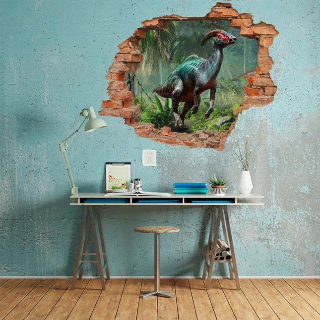 Wandaufkleber Wandtattoo in Form eines Wanddurchbruchs  von einem Dinosaurier Parasaurolophus als Hauptbild über dem Schreibtisch an einer blauen Wand