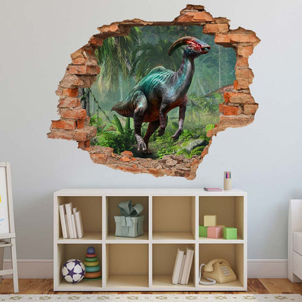 Wandaufkleber Wandtattoo in Form eines Wanddurchbruchs  von einem Dinosaurier Parasaurolophus als Hauptbild über dem Spielzeugregal im Kinderzimmer
