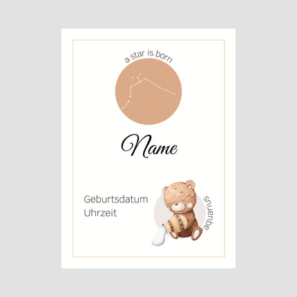 Babyposter zur Geburt mit Namen und Geburtstag sowie Sternzeichen